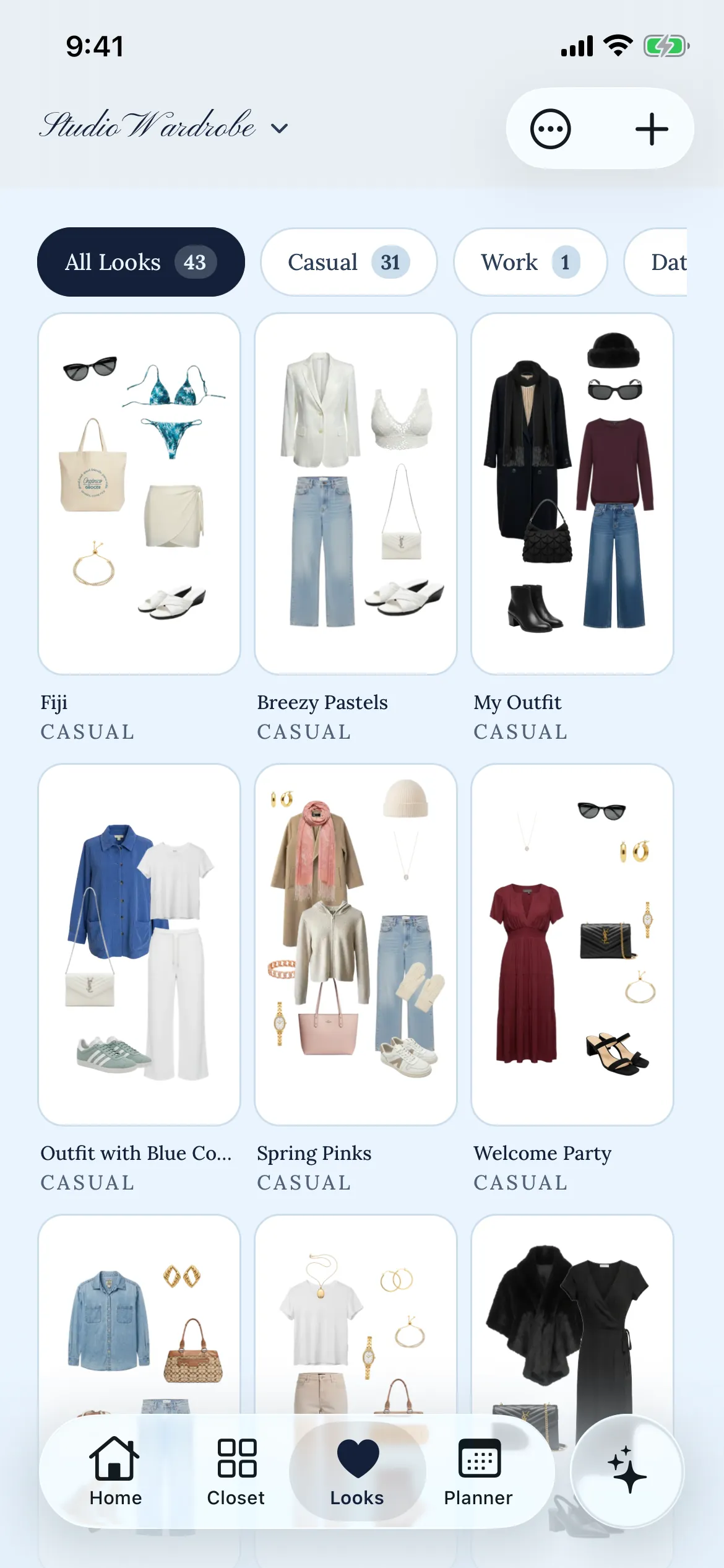 A grid of saved looks in Layers, each named and tagged casual — Fiji, Breezy Pastels, My Outfit, Spring Pinks and Welcome Party — from a collection of 43.