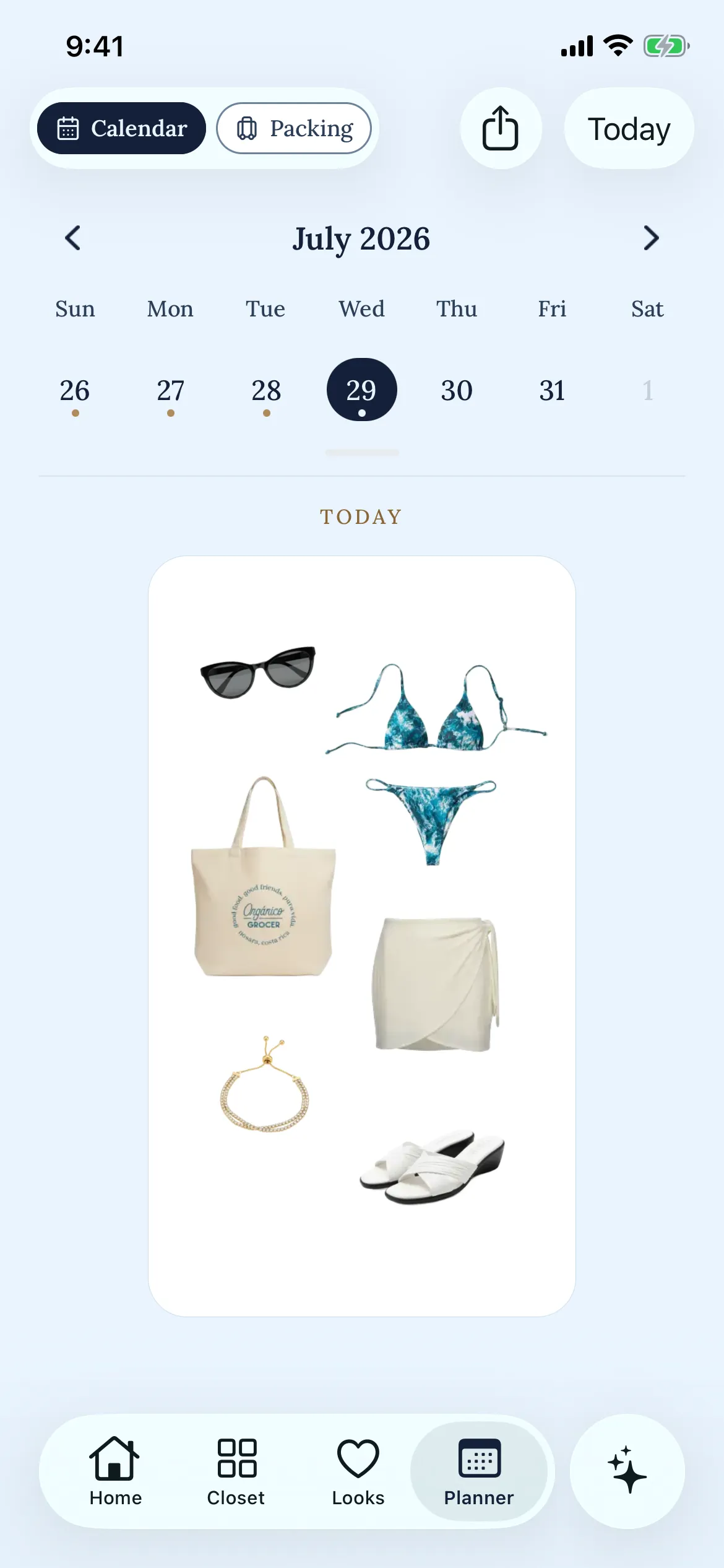 The Layers planner: a July calendar with today highlighted, and the outfit planned for it laid out on a card below.