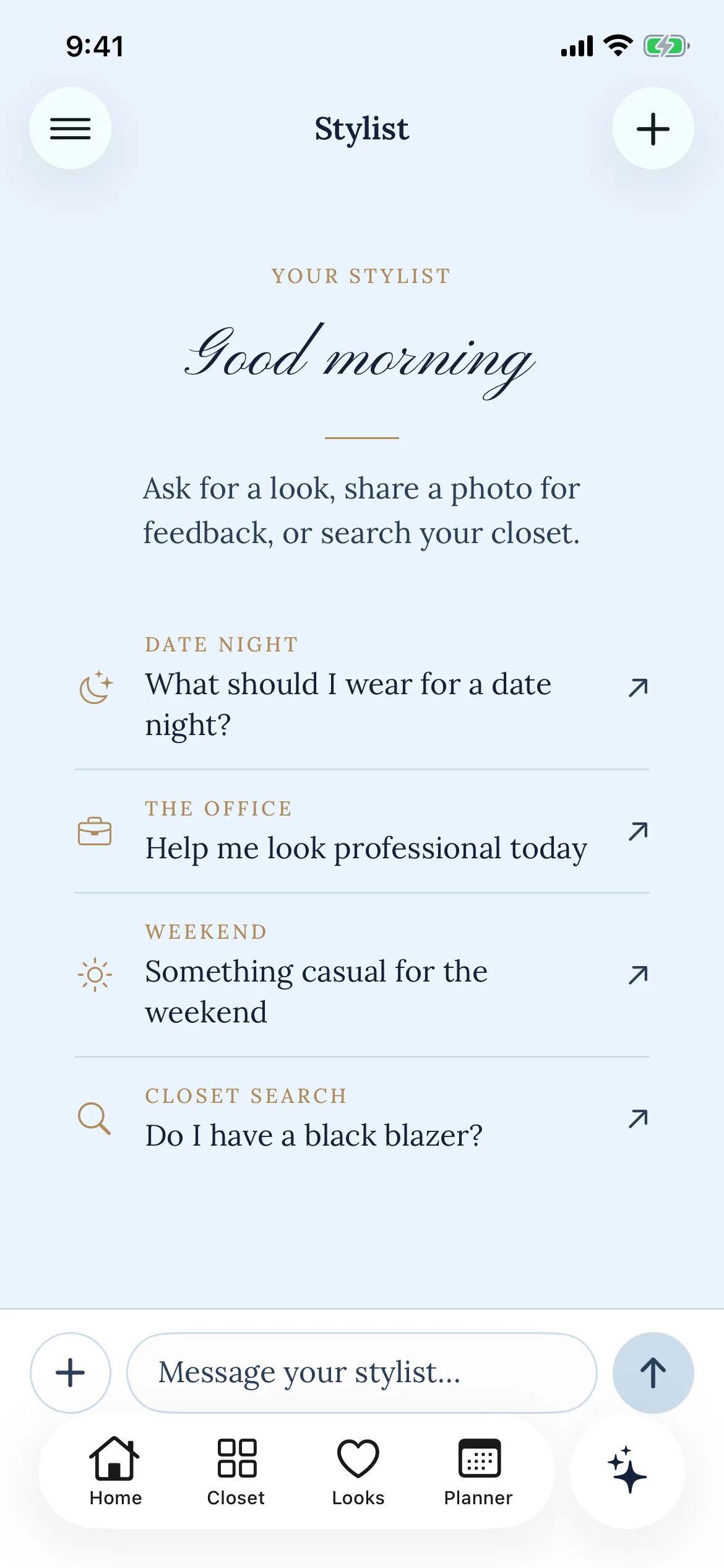 The Layers stylist screen, offering starting points such as “What should I wear for a date night?”, “Help me look professional today” and “Do I have a black blazer?”